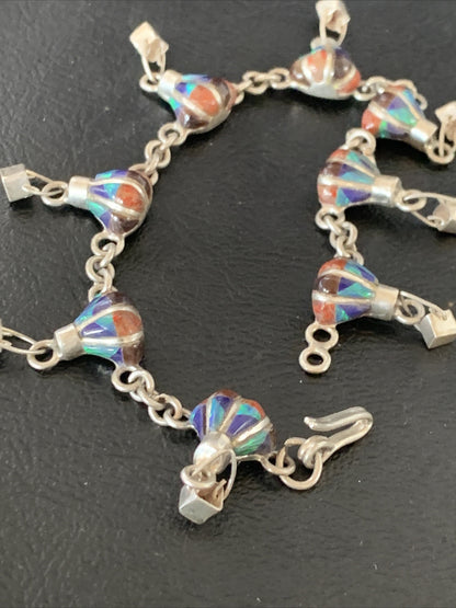 Blue Opal Coral Balloon Navajo Sterling Silver Link Inlay Bracelet 7.5" 12924