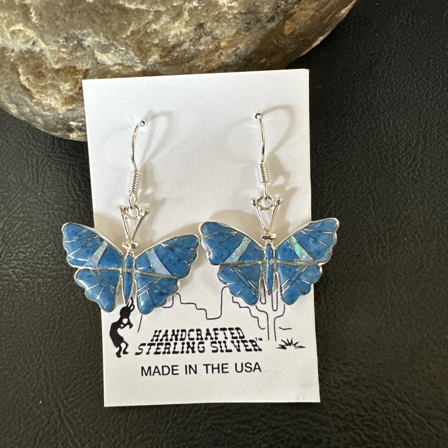 Butterfly Blue Denim Lapis Opal Inlay Sterling Silver Dangle Earrings 19138