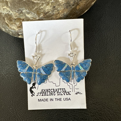 Butterfly Blue Denim Lapis Opal Inlay Sterling Silver Dangle Earrings 19138