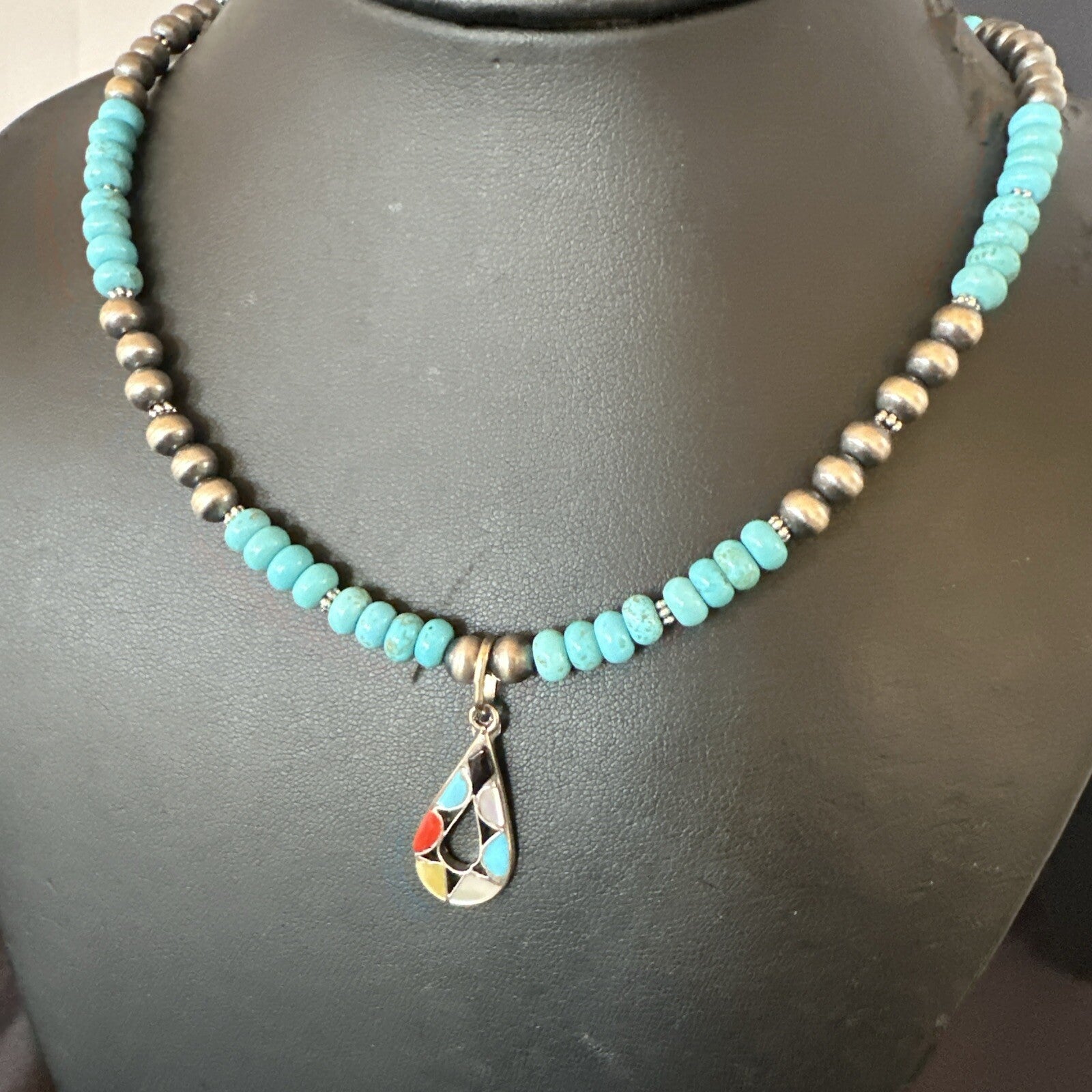 Zuni Turquoise Pink MOP Inlay Pendant 2Sided Necklace Sterling Silver 18062