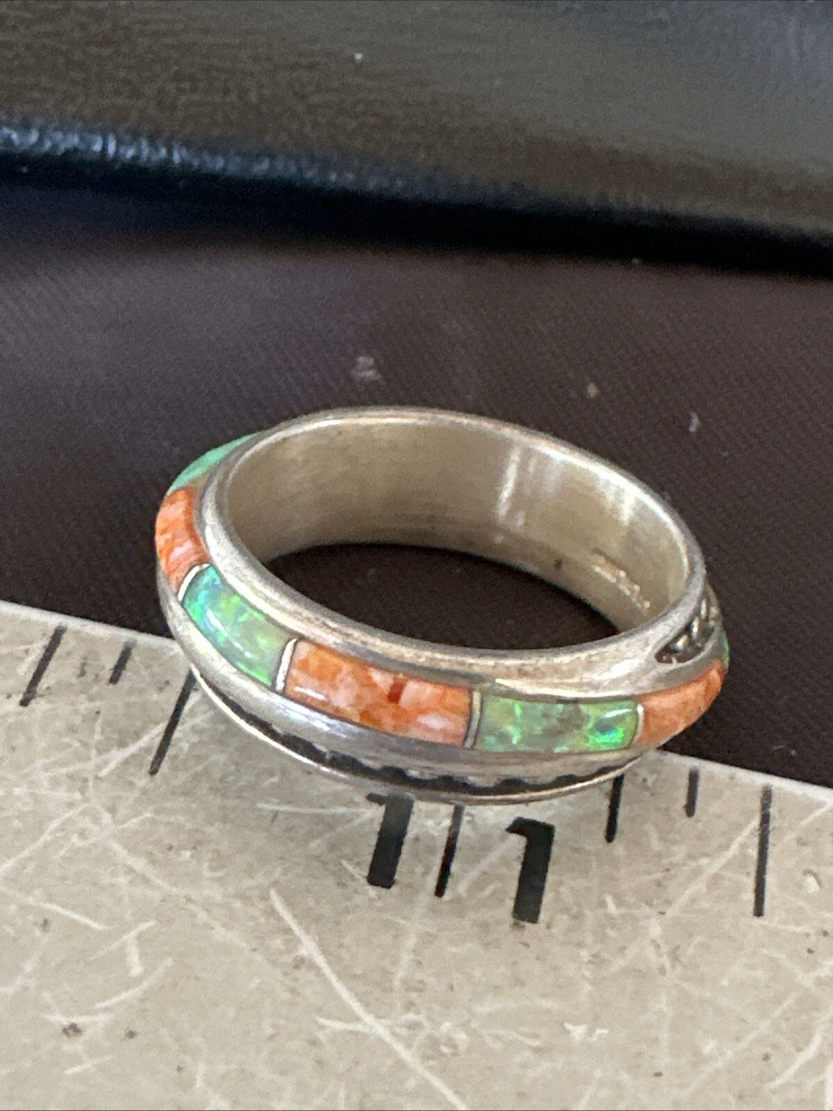 Green Opal Orange Spiny Navajo Sterling Silver Band Inlay Ring Size 9 18811