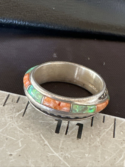 Green Opal Orange Spiny Navajo Sterling Silver Band Inlay Ring Size 9 18811