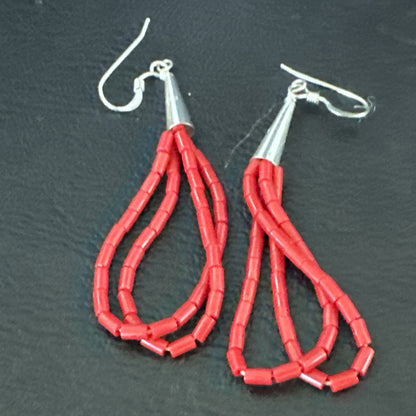 Native Red Coral Heishi Tube Liquid Sterling Silver Dangle Earrings 2" 4394