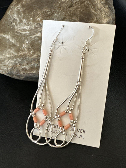 Pink Coral 2 Strands Heishi Liquid Sterling Silver Dangle Earrings 2" 17983