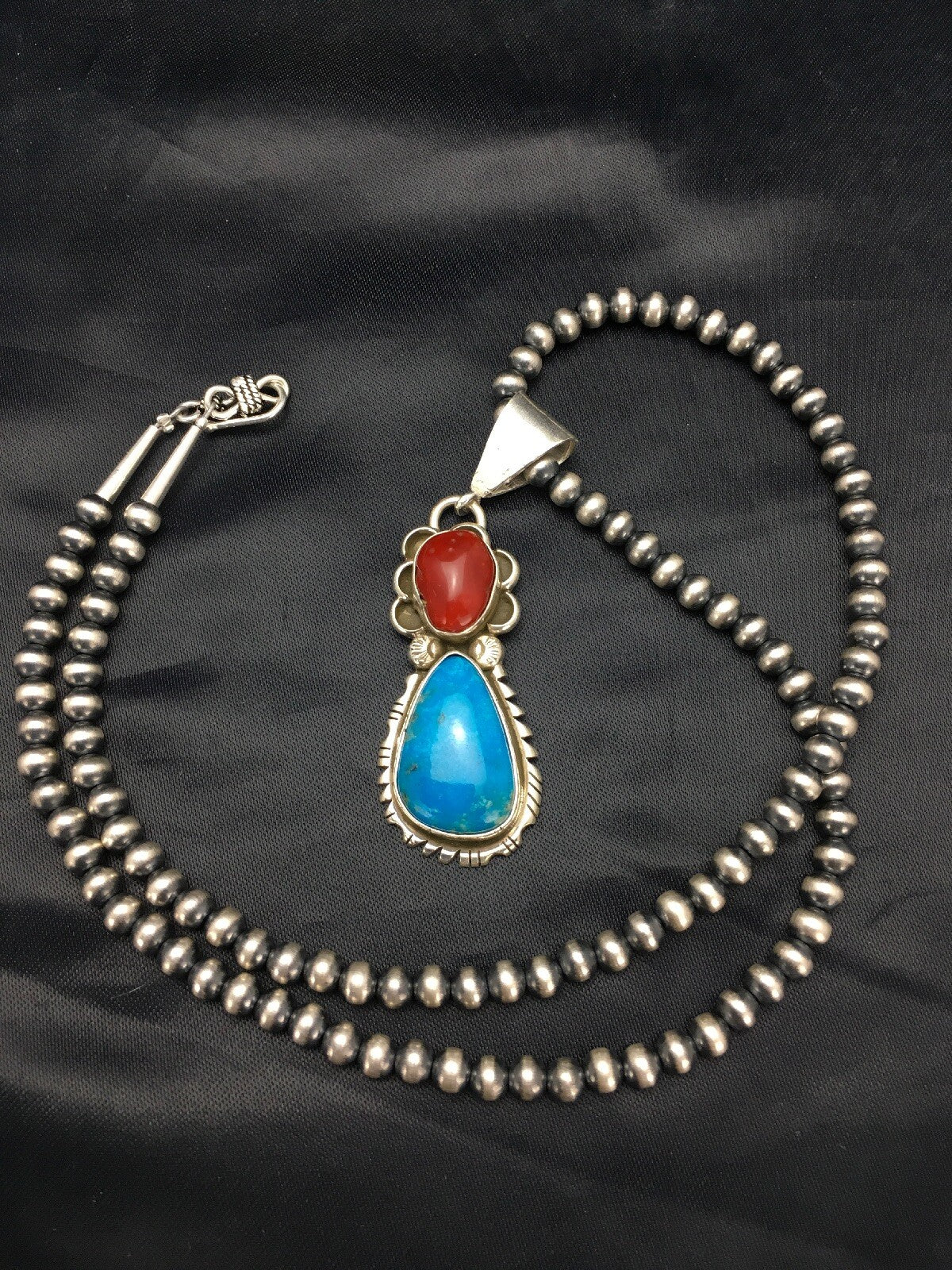 Turquoise & Coral Pendant Navajo Sterling Silver Necklace 02580