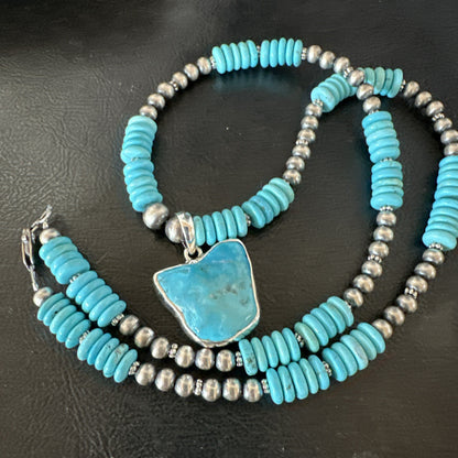 Blue Kingman Turquoise 2 Sided Pendant Navajo Sterling Native Necklace 20" 19517