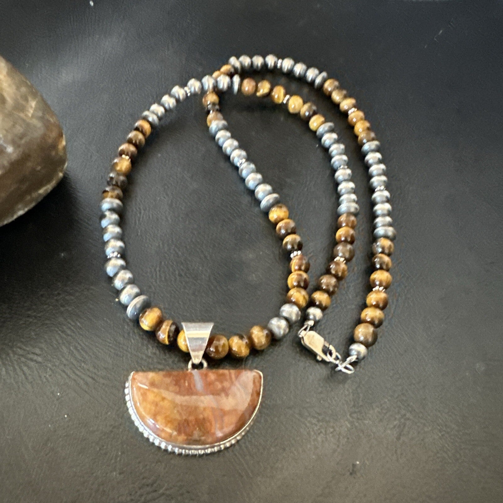 Coffee Tigers Eye Jasper Sterling Silver Pendant Necklace Southwestern 18290
