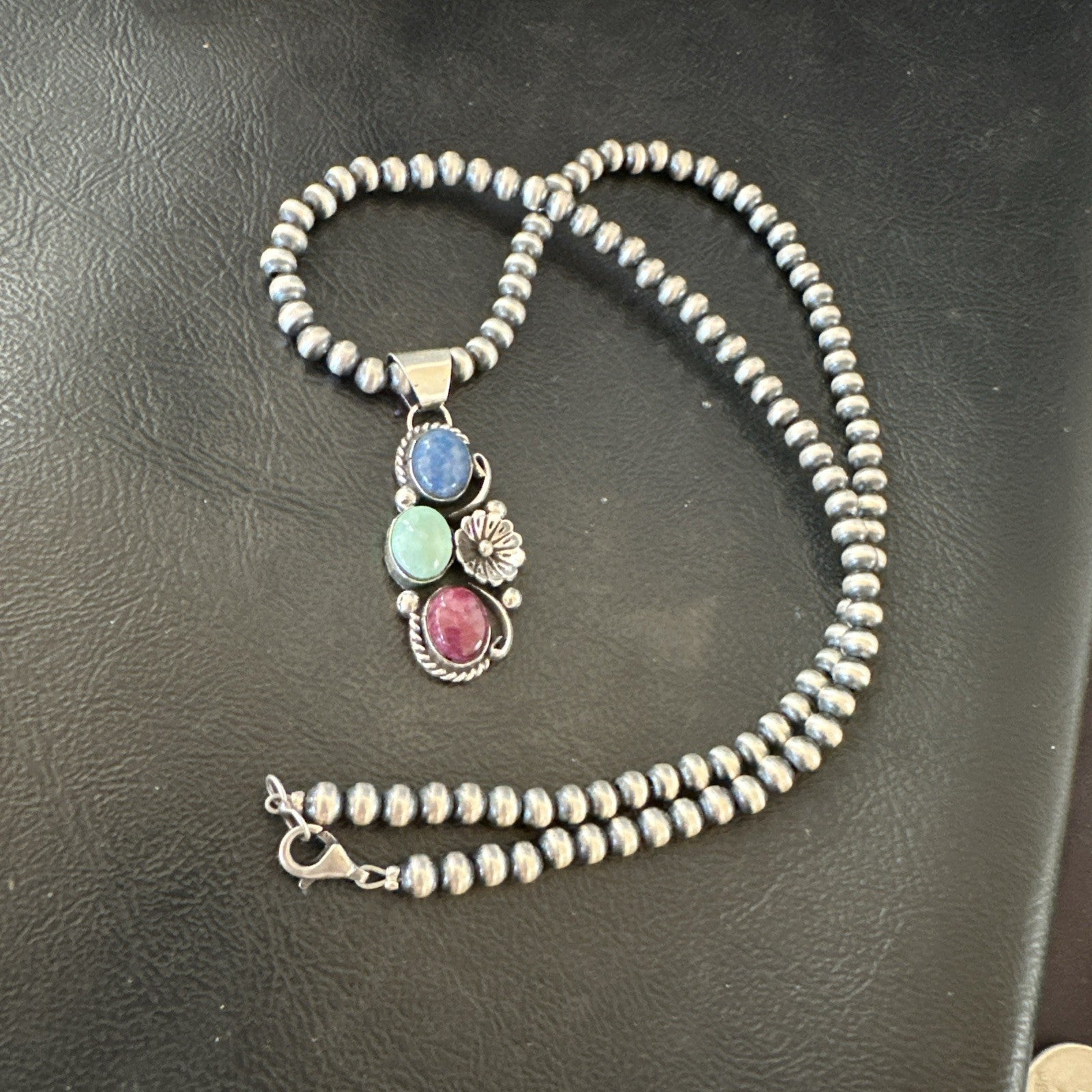 Multicolor Turquoise Spiny Navajo Sterling Silver Cluster Pendant Necklace 19313