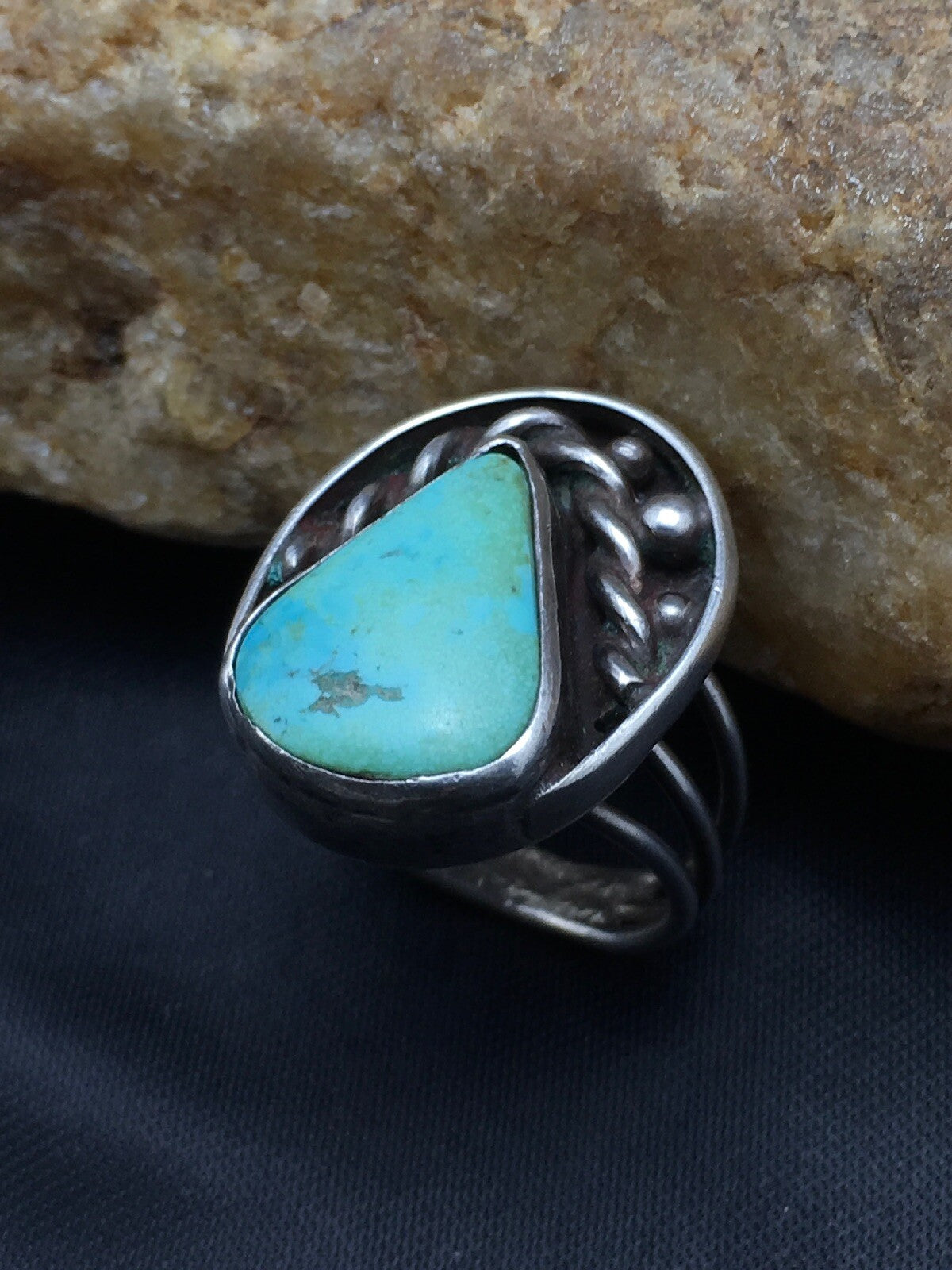 Native American Mens Blue Turquoise Navajo Sterling Silver Ring Sz 6.5 04056