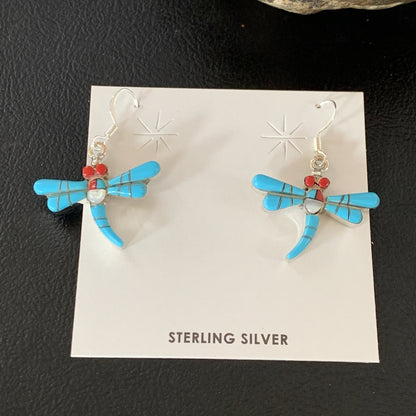 Dragonfly Blue Turquoise Coral MOP Inlay Sterling Silver Earrings 1" 13318