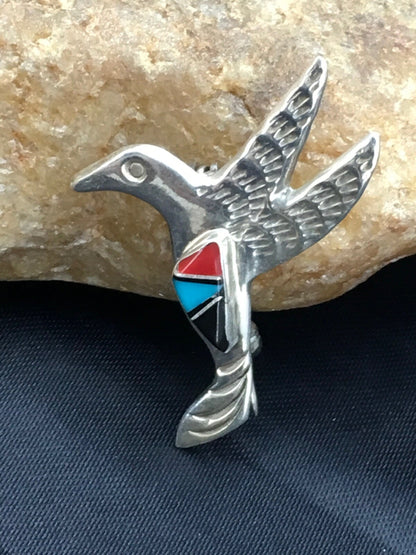 Turquoise & Coral Hummingbird Navajo Sterling Silver Pin 02899