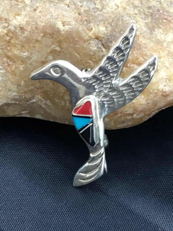 Turquoise Coral Hummingbird Navajo Pin | Sterling Silver | Authentic Native American Handmade | 02899
