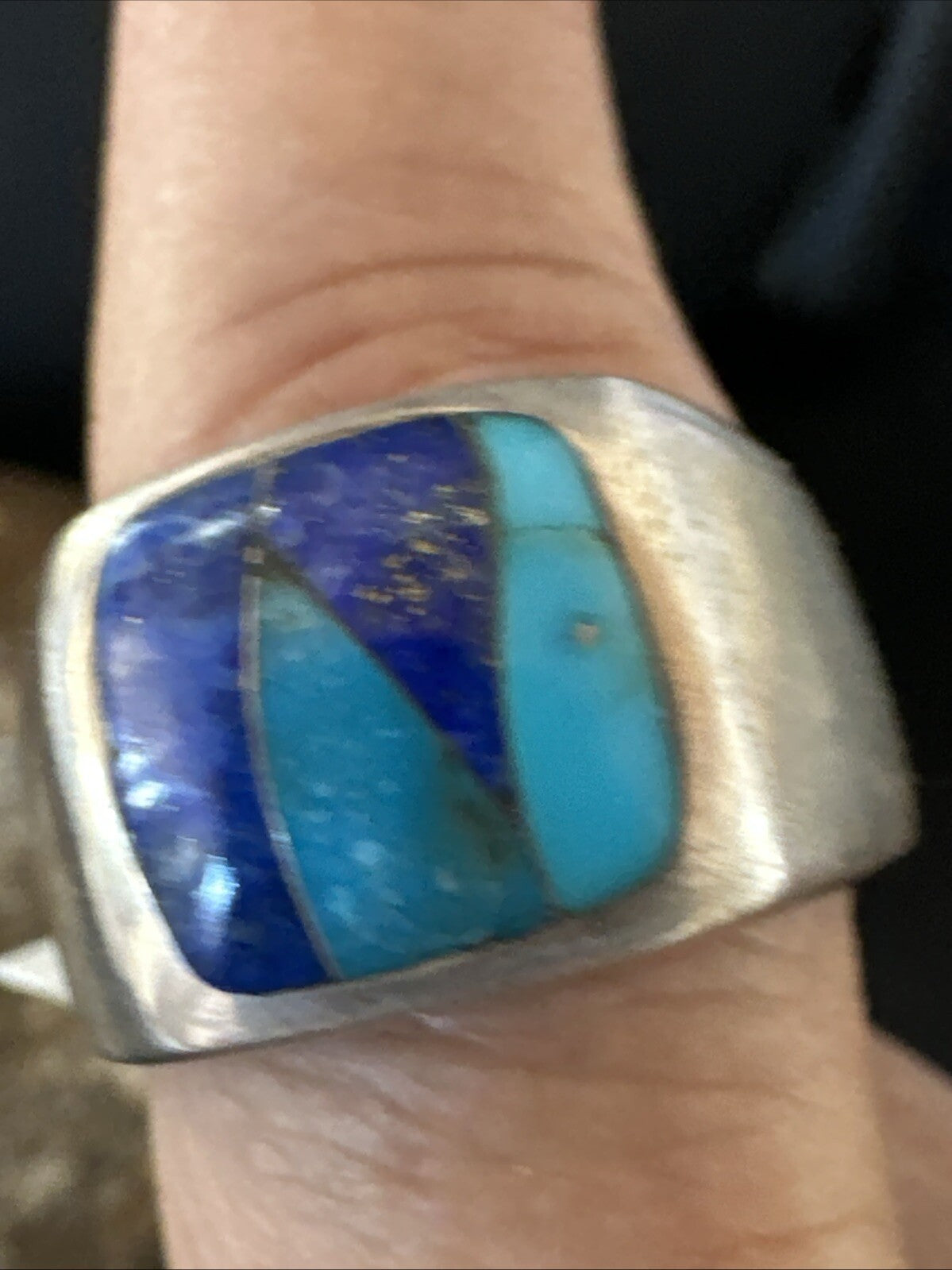 MultiColor Navajo Sterling Turquoise Lapis Inlay Ring Sz 10 18816