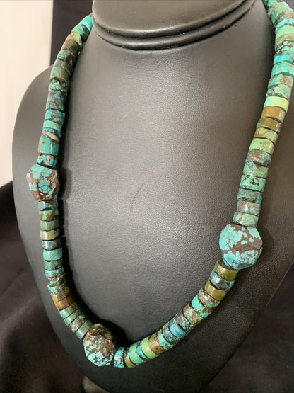 Men Chunky Spiderweb Turquoise Heishi Navajo Sterling Silver Necklace 21” 124504