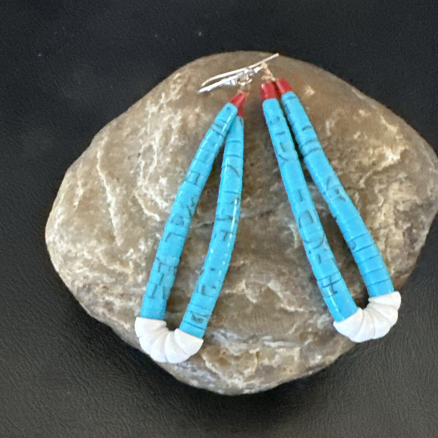 Blue Turquoise White Santo Domingo Sterling Silver Dangle Earrings 2.75” 18164