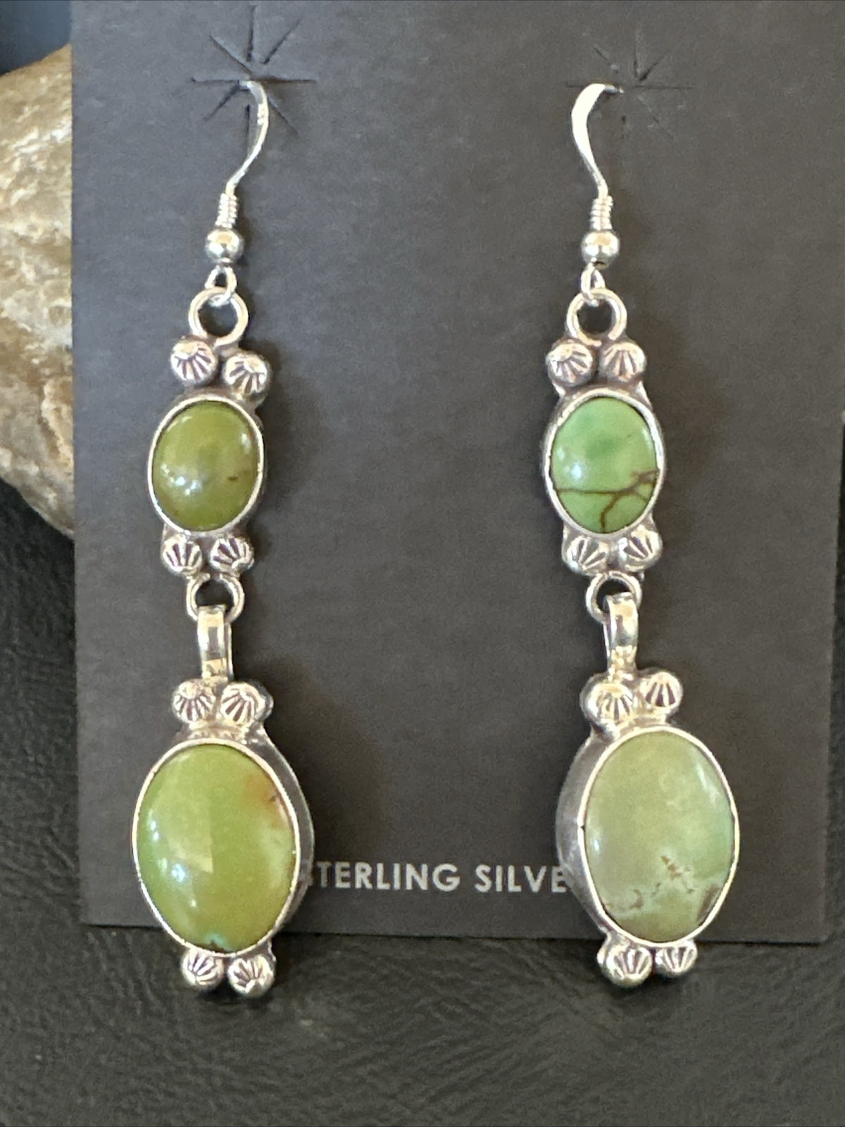 Native Navajo Green Turquoise Sterling Silver Dangle Earrings 2” 17698
