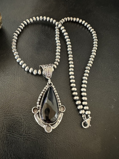 Black Onyx Pendant Navajo Pearls Sterling Silver Necklace 19385