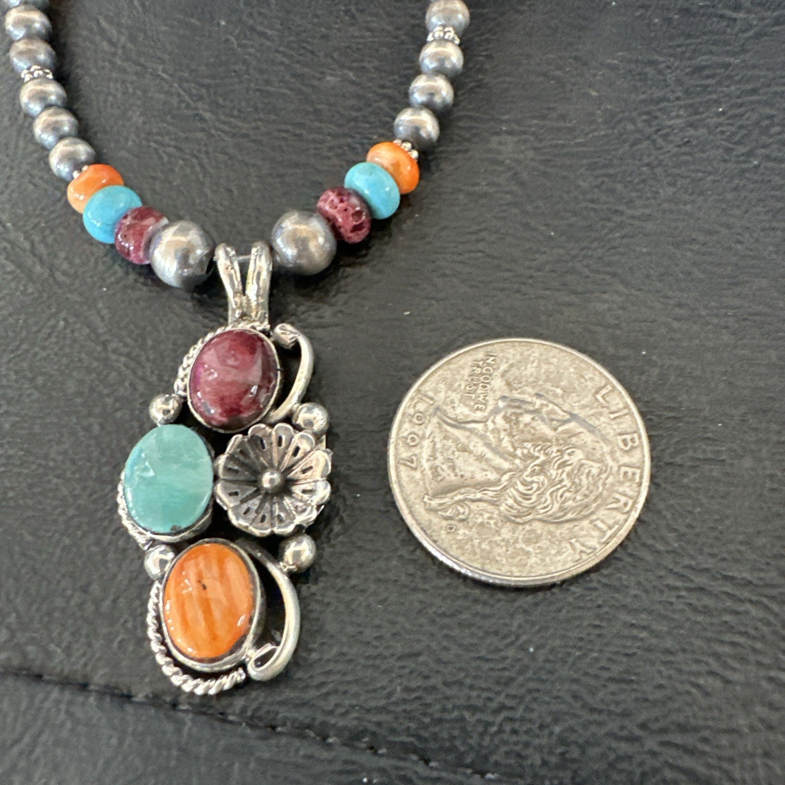 Multicolor Turquoise Spiny Navajo Sterling Silver Cluster Pendant Necklace 19641