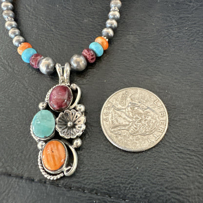 Multicolor Turquoise Spiny Navajo Sterling Silver Cluster Pendant Necklace 19641