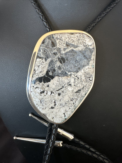Mens BOLO TIE WHITE BUFFALO TURQUOISE Sterling Silver Navajo 3in 15004