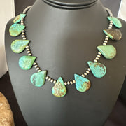 Navajo Pearls Silver Green Teardrop Turquoise Necklace | Authentic Native American Handmade | 19229
