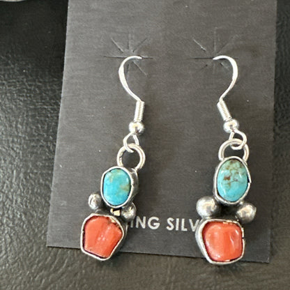 Handmade Blue Turquoise Red Coral Sterling Silver Navajo Dangle Earrings 18840