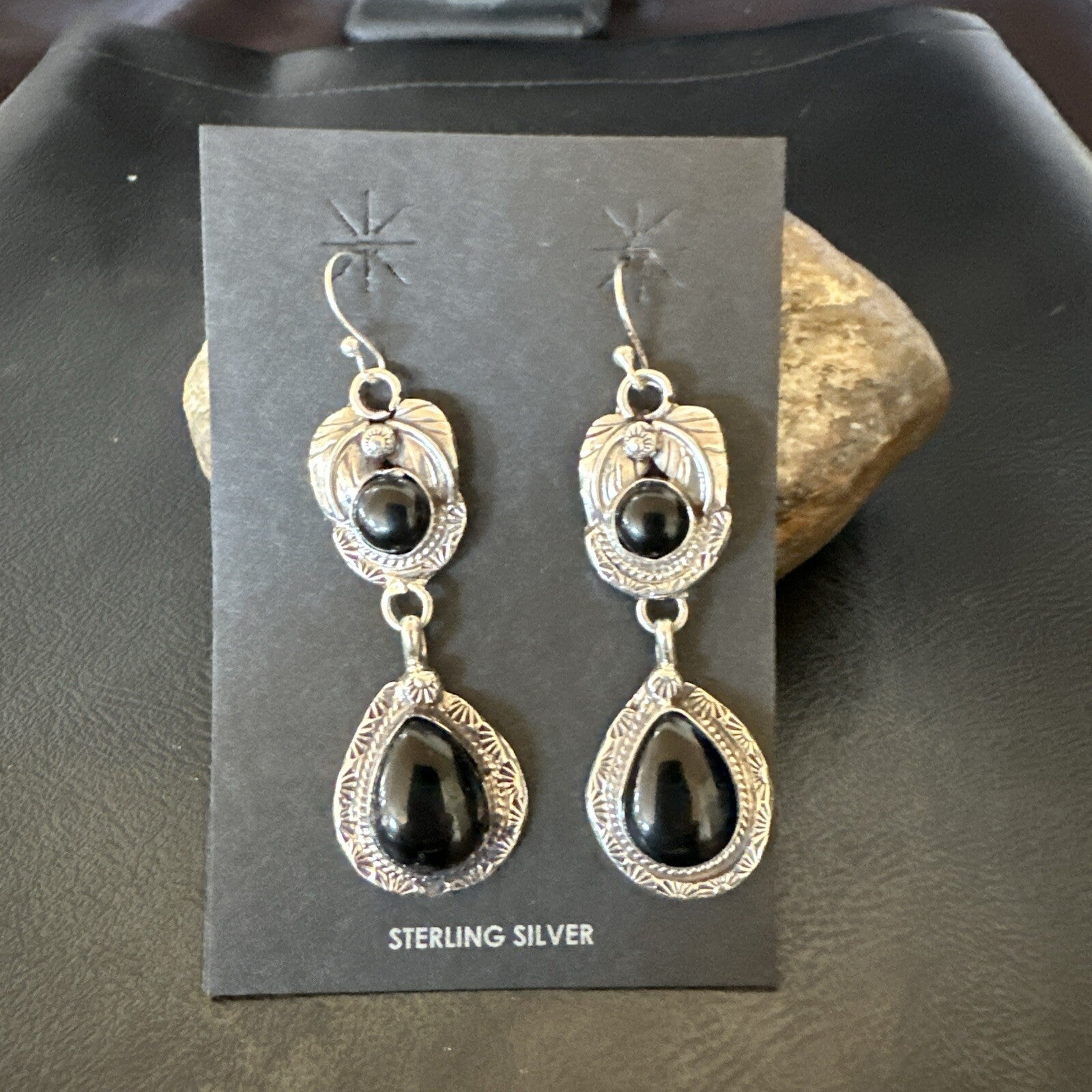 Black Onyx Navajo Sterling Silver Dangle Earrings 1.5" 18289