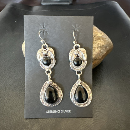 Black Onyx Navajo Sterling Silver Dangle Earrings 1.5" 18289