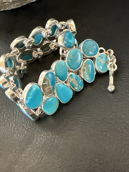 WoMen Blue Kingman Turquoise Sterling Silver Southwestern Link Bracelet 17974