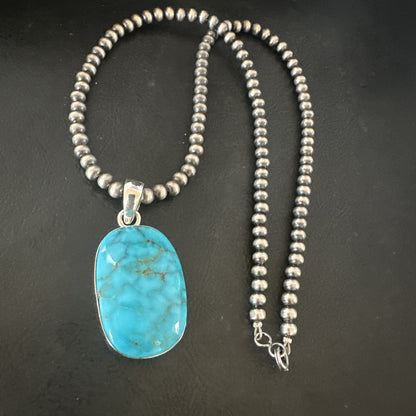 Blue Kingman Turquoise Pendant Navajo Pearls Sterling Silver Necklace 20” 16691