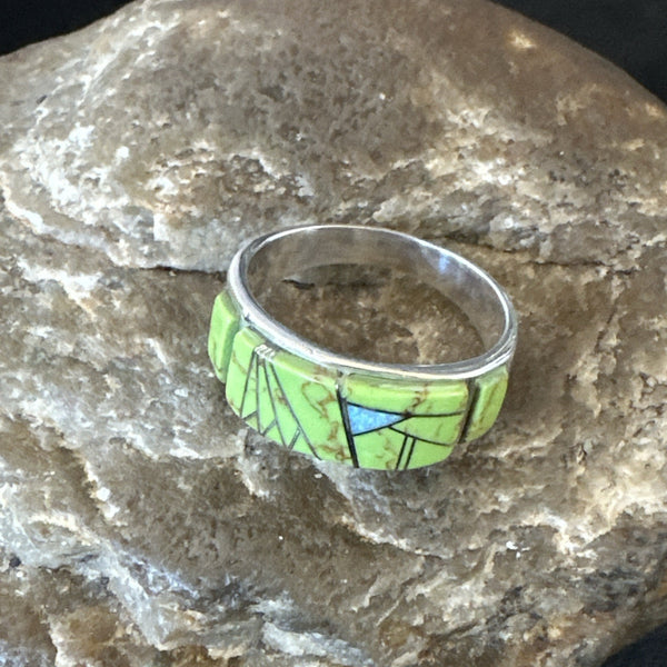 Women's Green Gaspeite Band Inlay Ring Size 9.5 | Sterling Silver | Authentic Native American Handmade | 19149