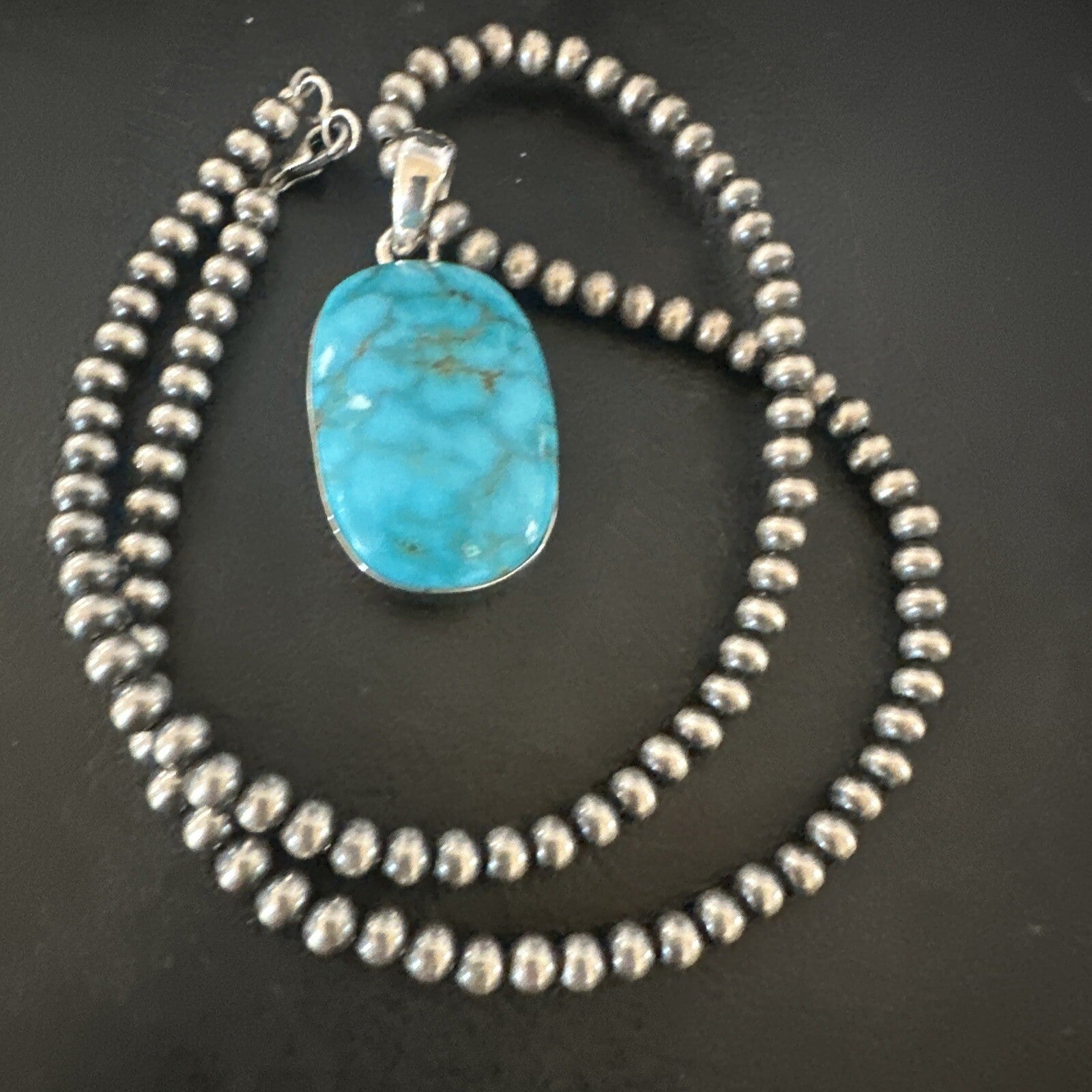 Blue Kingman Turquoise Pendant Navajo Pearls Sterling Silver Necklace 20” 16691