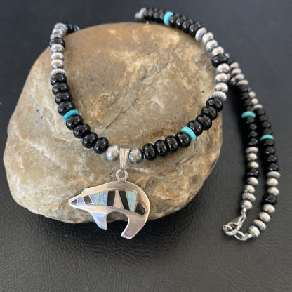 Turquoise Opal Inlay Pendant Black Onyx Navajo Sterling Silver Necklace 12688