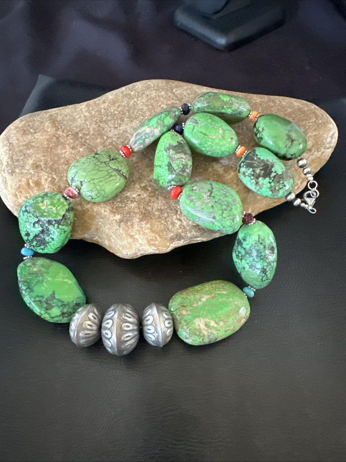 Green Turquoise Chunky Multicolor Southwest Sterling Silver Necklace 21" 19251