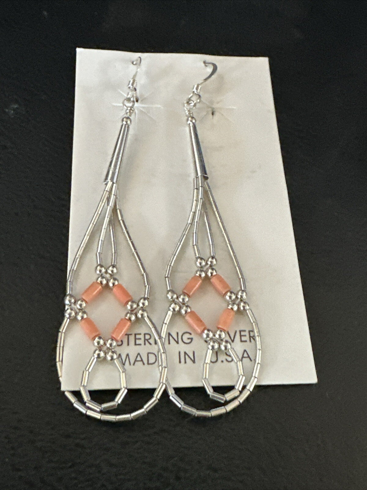 Pink Coral 2 Strands Heishi Liquid Sterling Silver Dangle Earrings 2" 17983