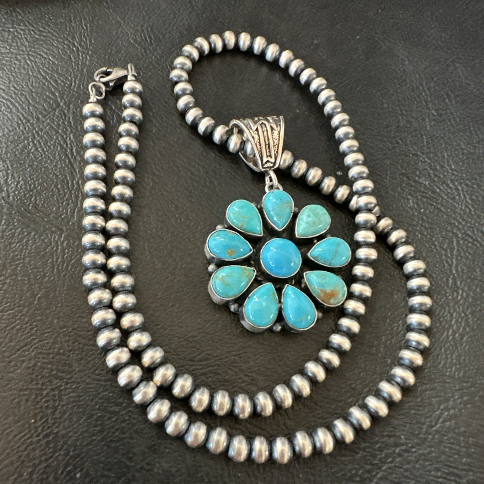 Blue Turquoise Navajo Sterling Silver Cluster Round Pendant Necklace 2”19316