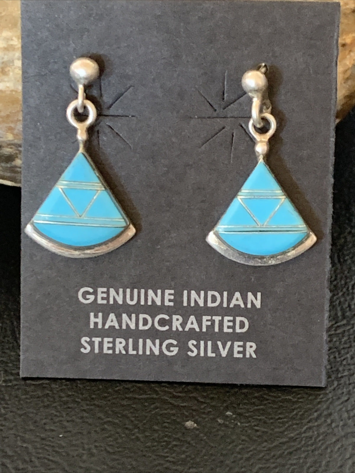 Blue Turquoise Inlay Zuni Sterling Silver Dangle Post Earrings 1" 12747