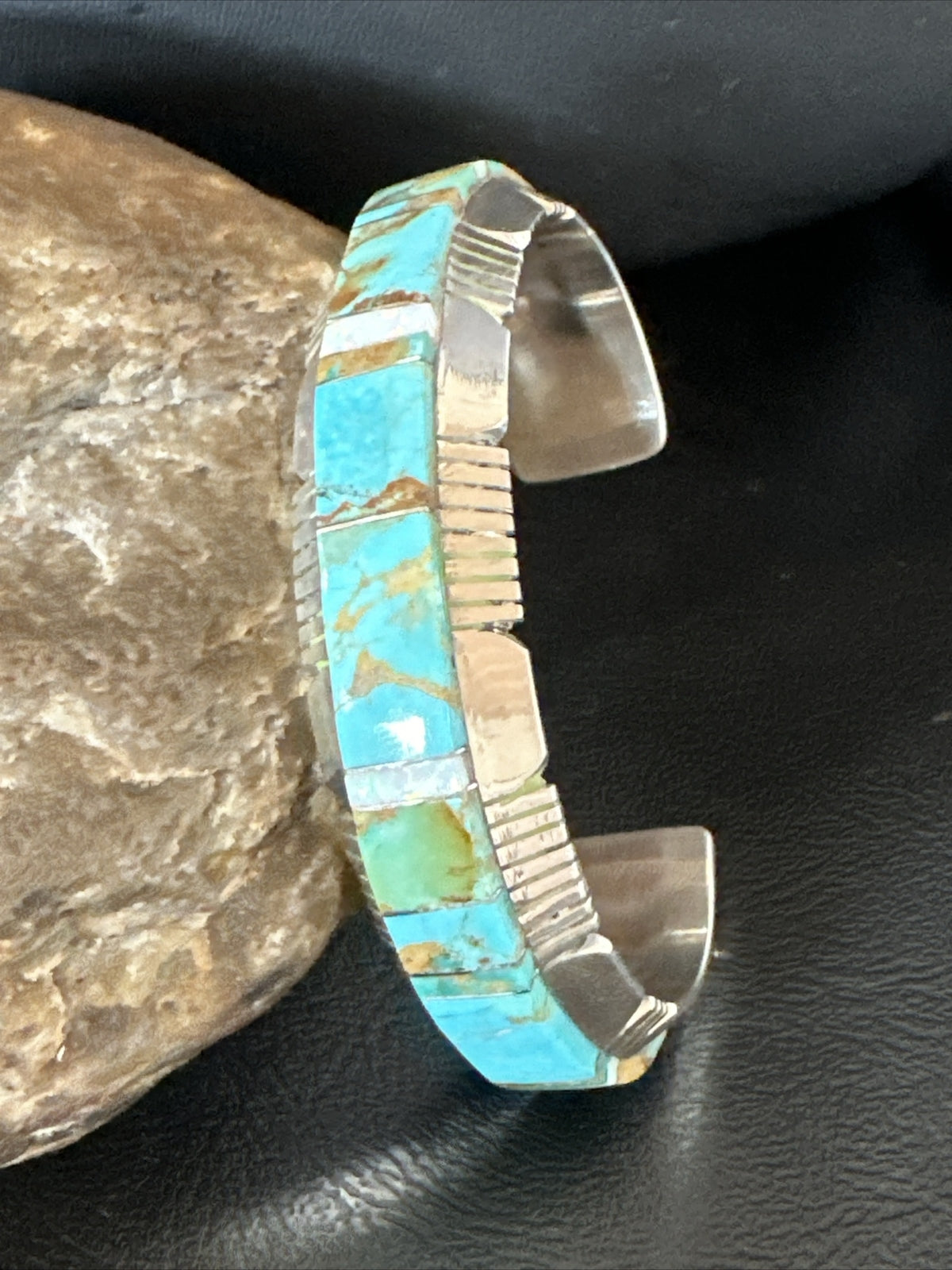 Blue Turquoise Opal Navajo Sterling Silver Cuff Inlay Bracelet 17958