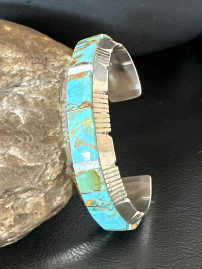 Blue Turquoise Opal Navajo Sterling Silver Cuff Inlay Bracelet 17958