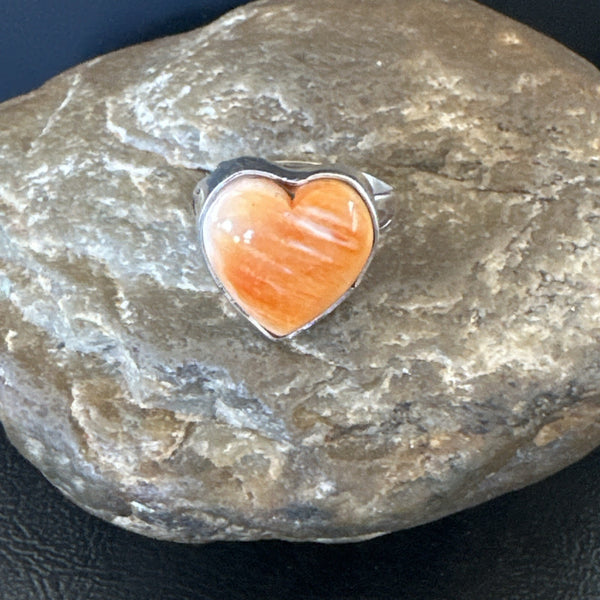 Orange Heart Ring Handmade Navajo Spiny Oyster Sz 9 | Sterling Silver | Authentic Native American Handmade | 19330