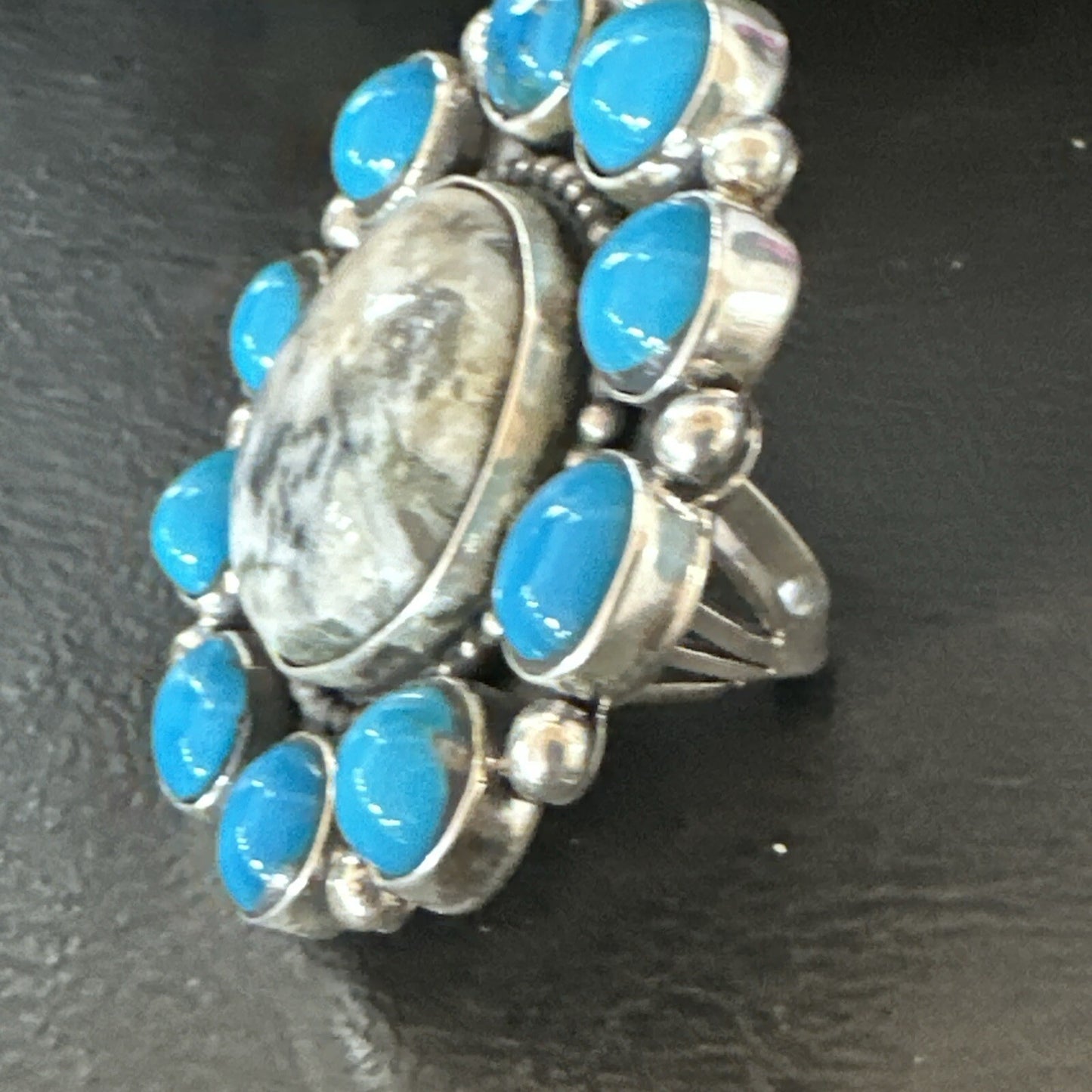White Buffalo Kingman Turquoise Navajo Sterling Silver Cluster Ring Size 9 18396