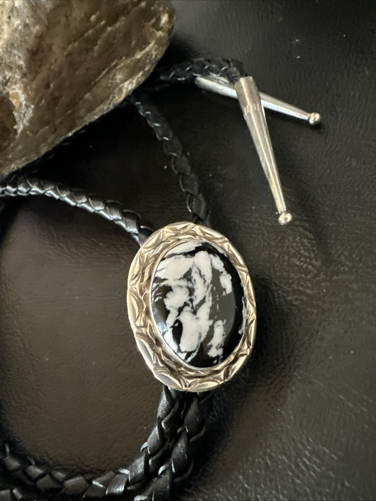 Mens BOLO TIE WHITE BUFFALO TURQUOISE Sterling Silver Navajo 1" 19121