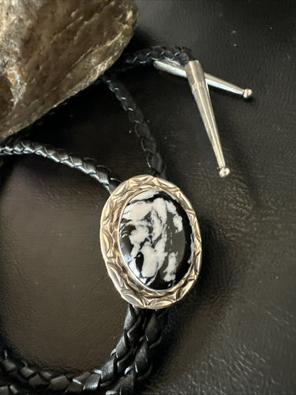 Mens BOLO TIE WHITE BUFFALO TURQUOISE Sterling Silver Navajo 1" 19121