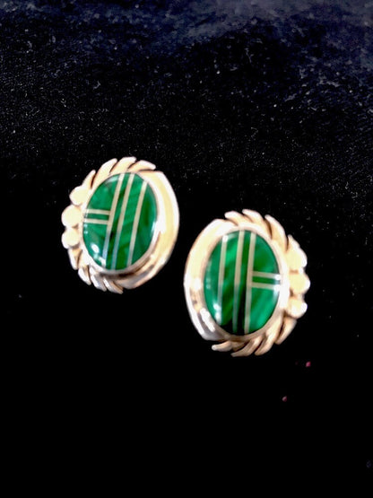 Green Malachite Southwetsern Navajo Sterling Silver Inlay Earrings 01987