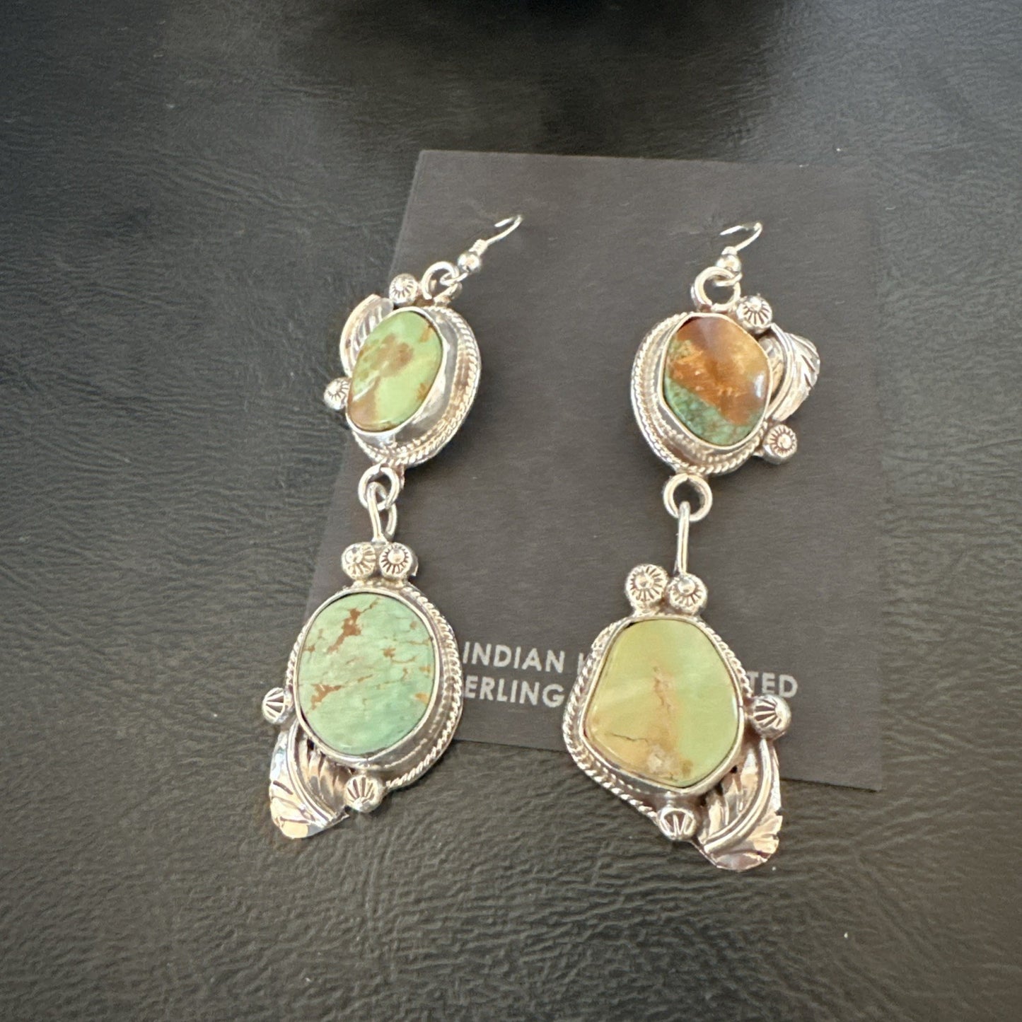 Green Royston Turquoise Navajo Sterling Silver Dangle Earrings 19600
