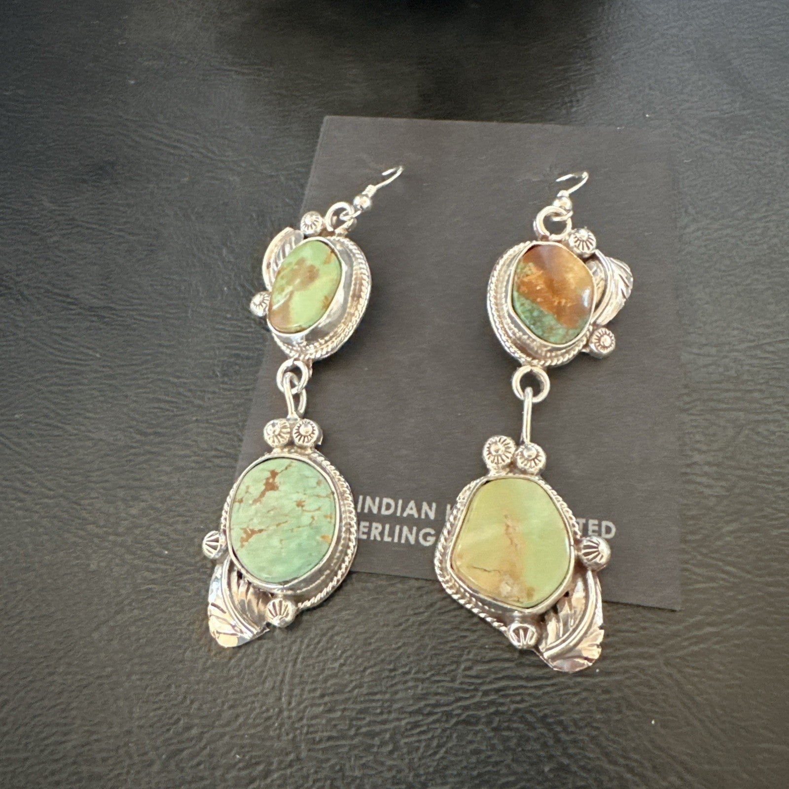 Green Royston Turquoise Navajo Sterling Silver Dangle Earrings 19600