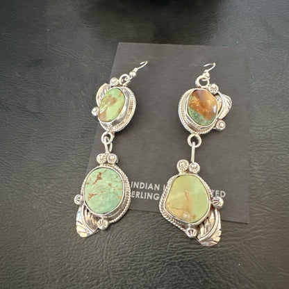 Green Royston Turquoise Navajo Sterling Silver Dangle Earrings 19600