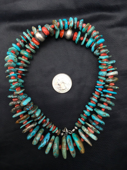 Turquoise & Spiny Oyster Graduated Navajo Sterling Silver Necklace 29" 04362