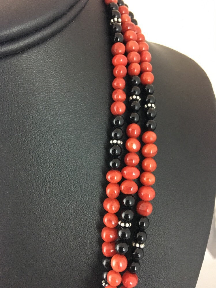 Red Bamboo Coral Black Onyx 3 Strand Sterling Silver Necklace 3246
