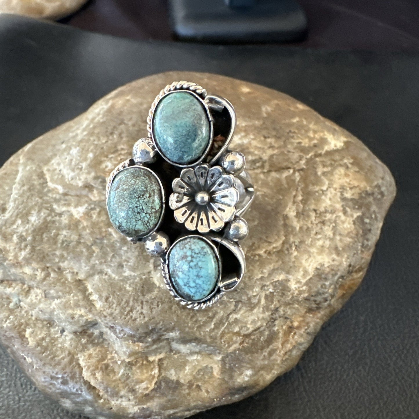 Yazzie Ring Blue Turquoise Navajo Sterling Silver Cluster Size 8 19239